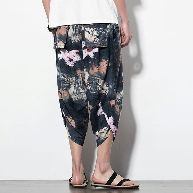 Buddha Stones Pink Lotus Ink Painting Print Cotton Men's Long Cropped Harem Pants With Pockets Men's Harem Pants BS 10