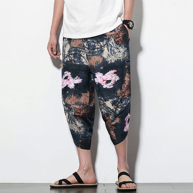 Buddha Stones Pink Lotus Ink Painting Print Cotton Men's Long Cropped Harem Pants With Pockets Men's Harem Pants BS 13