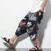 Buddha Stones Pink Lotus Ink Painting Print Cotton Men's Long Cropped Harem Pants With Pockets Men's Harem Pants BS 15