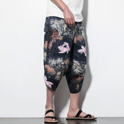 Buddha Stones Pink Lotus Ink Painting Print Cotton Men's Long Cropped Harem Pants With Pockets Men's Harem Pants BS 12