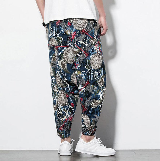 Buddha Stones Red Dragonfly Dandelion Print Cotton Men's Harem Pants With Pockets Men's Harem Pants BS 2