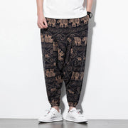 Buddha Stones Elephant Brown Black Print Cotton Men's Long Cropped Harem Pants With Pockets Men's Harem Pants BS 1