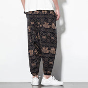 Buddha Stones Elephant Brown Black Print Cotton Men's Long Cropped Harem Pants With Pockets Men's Harem Pants BS 2