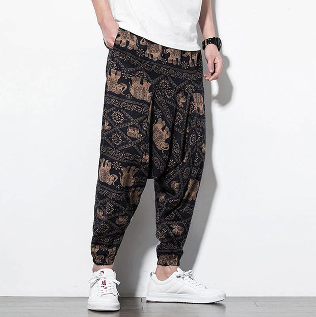 Buddha Stones Elephant Brown Black Print Cotton Men's Long Cropped Harem Pants With Pockets Men's Harem Pants BS 4