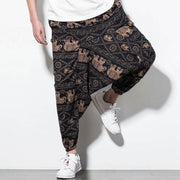 Buddha Stones Elephant Brown Black Print Cotton Men's Long Cropped Harem Pants With Pockets Men's Harem Pants BS 6