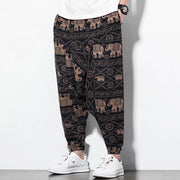 Buddha Stones Elephant Brown Black Print Cotton Men's Long Cropped Harem Pants With Pockets Men's Harem Pants BS 5