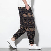 Buddha Stones Elephant Brown Black Print Cotton Men's Long Cropped Harem Pants With Pockets Men's Harem Pants BS 3