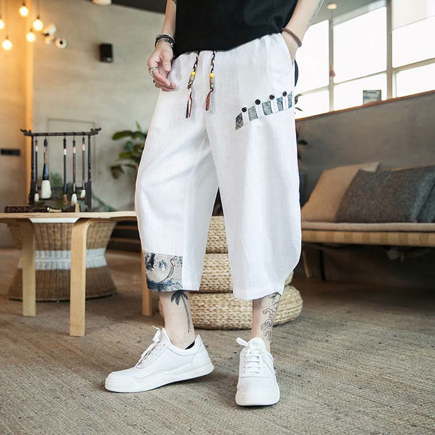 Buddha Stones Patchwork Design Drawstring Cotton Men's Cropped Pants With Pockets Men's Pants BS 6