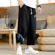 Buddha Stones Patchwork Design Drawstring Cotton Men's Cropped Pants With Pockets Men's Pants BS 15