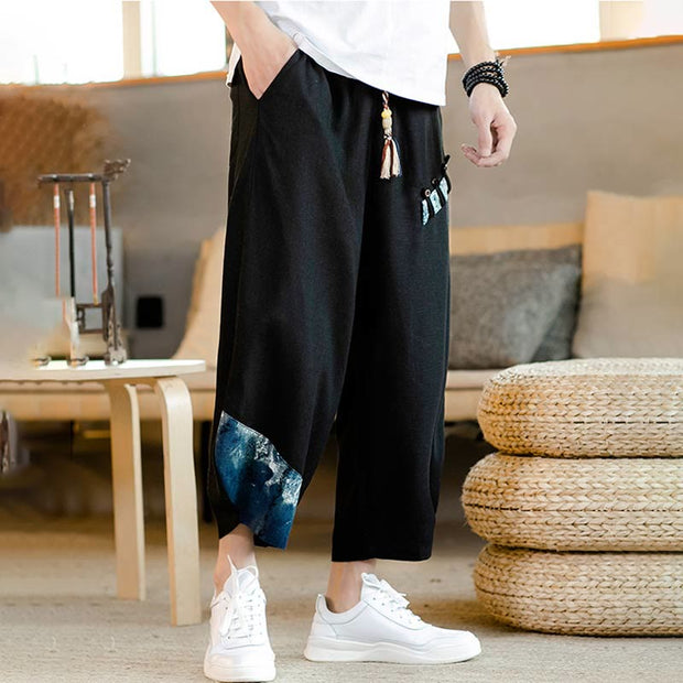 Buddha Stones Patchwork Design Drawstring Cotton Men's Cropped Pants With Pockets Men's Pants BS 15