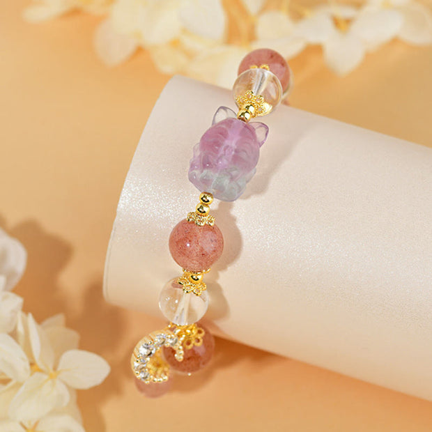 Buddha Stones Natural White Strawberry Quartz Crystal Healing Love Nine-tailed Fox  Moon Pendant Bracelet Bracelet BS 3