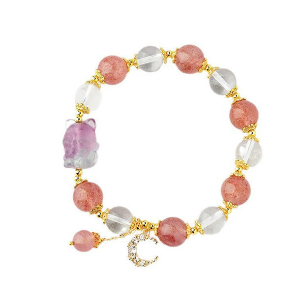 Buddha Stones Natural White Strawberry Quartz Crystal Healing Love Nine-tailed Fox  Moon Pendant Bracelet Bracelet BS 7