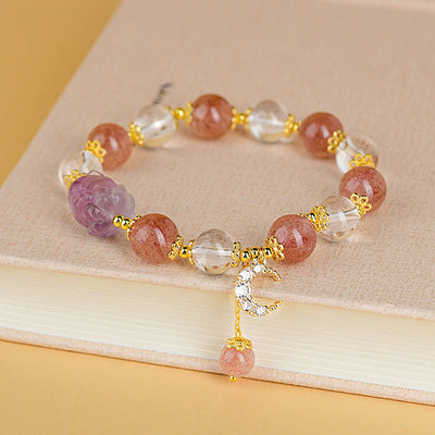 Buddha Stones Natural White Strawberry Quartz Crystal Healing Love Nine-tailed Fox  Moon Pendant Bracelet Bracelet BS Strawberry Quartz(Love♥Healing)