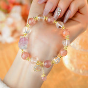 Buddha Stones Natural White Strawberry Quartz Crystal Healing Love Nine-tailed Fox  Moon Pendant Bracelet Bracelet BS 4