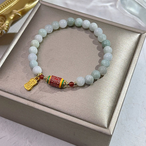 Buddha Stones Tibetan Natural Jade Fu Character Prayer Wheel Prosperity Abundance Bracelet Bracelet BS Jade(Prosperity❤Abundance)