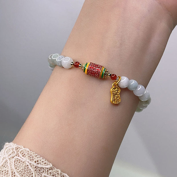 Buddha Stones Tibetan Natural Jade Fu Character Prayer Wheel Prosperity Abundance Bracelet Bracelet BS 4