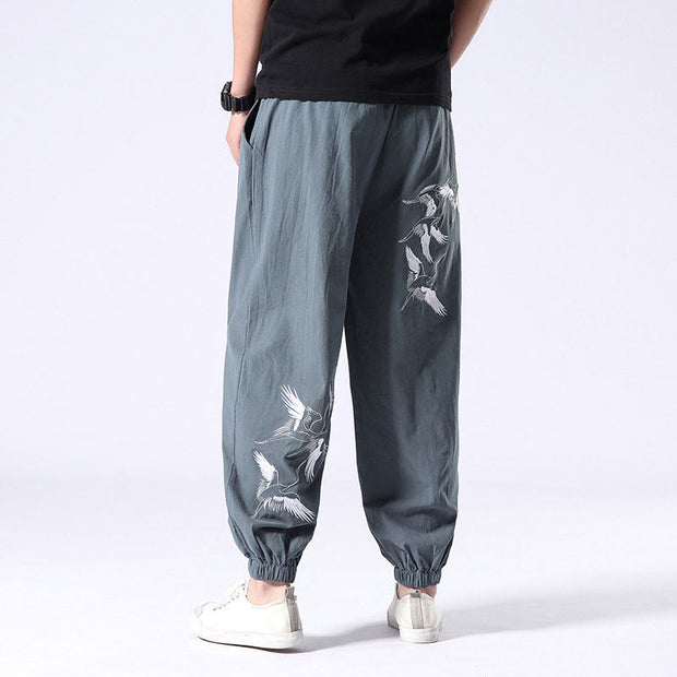 Buddha Stones White Crane Embroidery Design Drawstring Men's Harem Pants With Pockets Men's Harem Pants BS PowderBlue 3XL(Fit for US/UK/AU42; EU52)