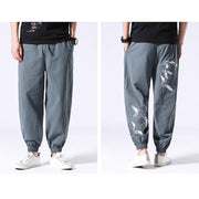 Buddha Stones White Crane Embroidery Design Drawstring Men's Harem Pants With Pockets Men's Harem Pants BS 5