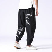 Buddha Stones White Crane Embroidery Design Drawstring Men's Harem Pants With Pockets Men's Harem Pants BS Black 3XL(Fit for US/UK/AU42; EU52)