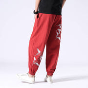 Buddha Stones White Crane Embroidery Design Drawstring Men's Harem Pants With Pockets Men's Harem Pants BS Red 3XL(Fit for US/UK/AU42; EU52)