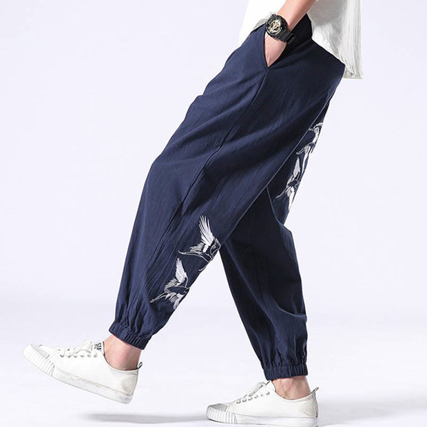 Buddha Stones White Crane Embroidery Design Drawstring Men's Harem Pants With Pockets Men's Harem Pants BS 25