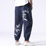 Buddha Stones White Crane Embroidery Design Drawstring Men's Harem Pants With Pockets Men's Harem Pants BS 23