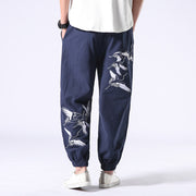 Buddha Stones White Crane Embroidery Design Drawstring Men's Harem Pants With Pockets Men's Harem Pants BS SteelBlue 3XL(Fit for US/UK/AU42; EU52)