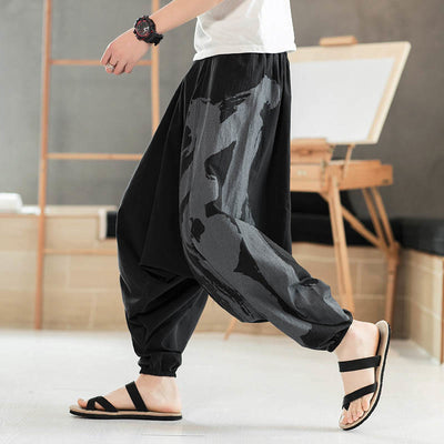 Buddha Stones Simple Summer Calligraphy Cotton Men's Harem Pants With Pockets Men's Harem Pants BS Black 5XL(Fit for US/UK/AU46; EU56)