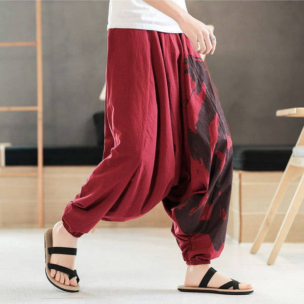 Buddha Stones Simple Summer Calligraphy Cotton Men's Harem Pants With Pockets Men's Harem Pants BS 12