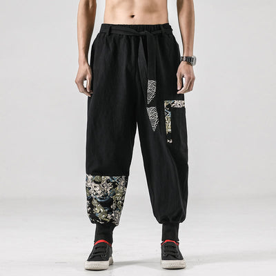 Buddha Stones Ocean Waves Lace-up Cotton Men's Harem Pants With Pockets Men's Harem Pants BS Black 5XL(Fit for US/UK/AU46; EU56)