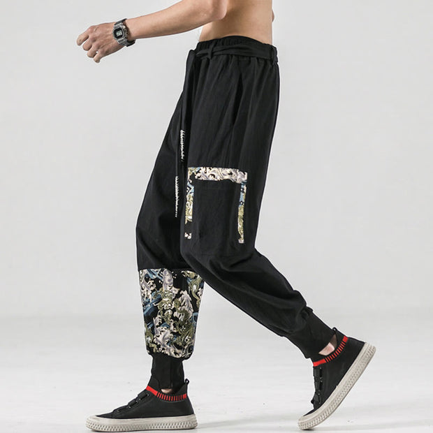 Buddha Stones Ocean Waves Lace-up Cotton Men's Harem Pants With Pockets Men's Harem Pants BS 6