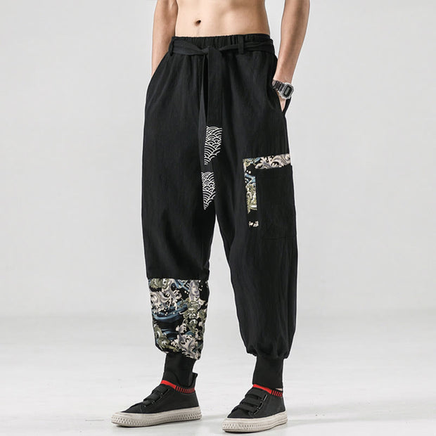 Buddha Stones Ocean Waves Lace-up Cotton Men's Harem Pants With Pockets Men's Harem Pants BS 3