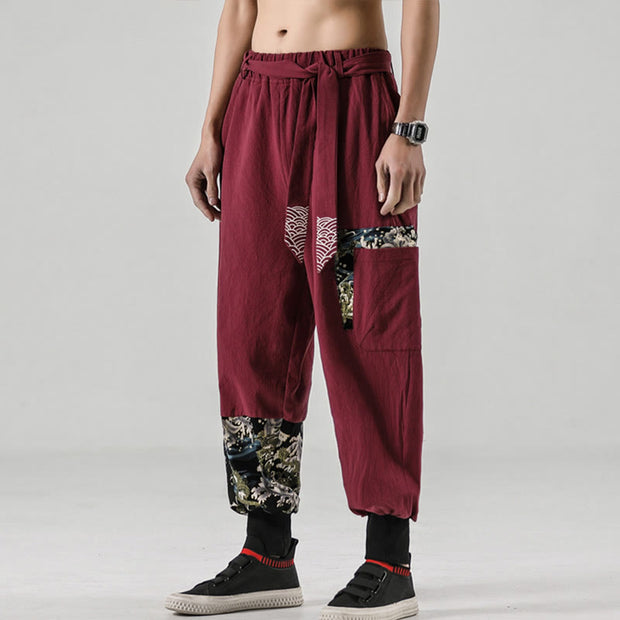 Buddha Stones Ocean Waves Lace-up Cotton Men's Harem Pants With Pockets Men's Harem Pants BS 20