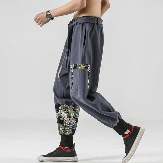 Buddha Stones Ocean Waves Lace-up Cotton Men's Harem Pants With Pockets Men's Harem Pants BS 25