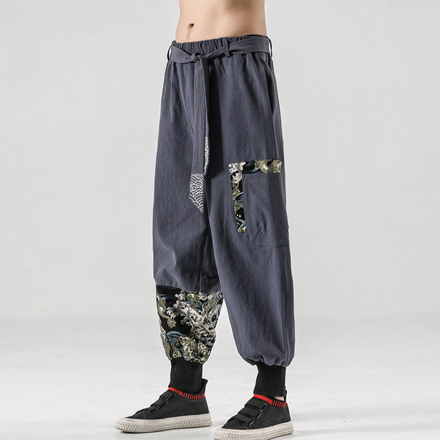 Buddha Stones Ocean Waves Lace-up Cotton Men's Harem Pants With Pockets Men's Harem Pants BS 26