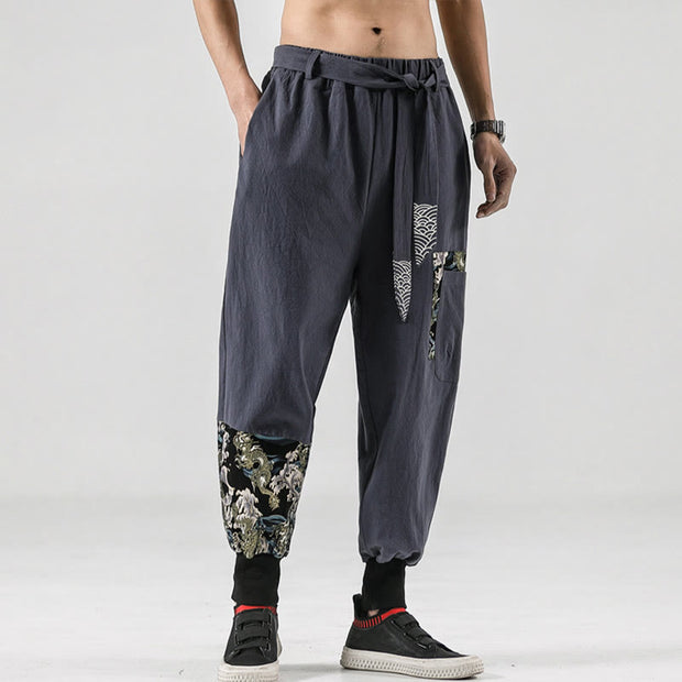 Buddha Stones Ocean Waves Lace-up Cotton Men's Harem Pants With Pockets Men's Harem Pants BS 27