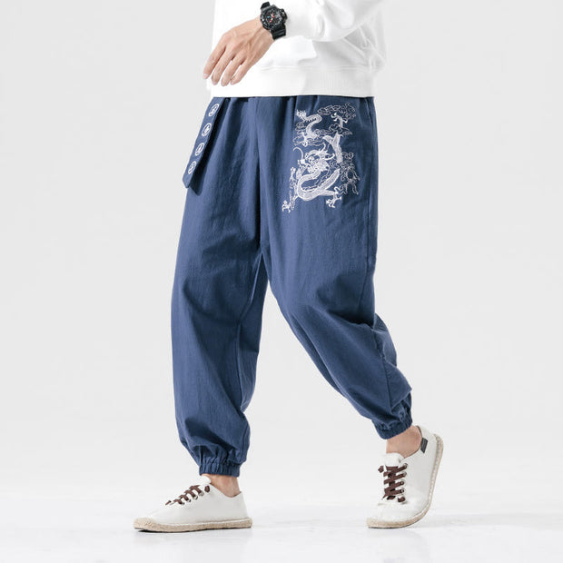 Buddha Stones Auspicious Clouds Dragon Cotton Men's Pants With Pockets Men's Pants BS 8