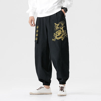 Buddha Stones Auspicious Clouds Dragon Cotton Men's Pants With Pockets Men's Pants BS Black 5XL(Fit for US/UK/AU46; EU56)