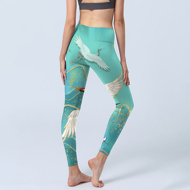 Buddha Stones Mint Green Mountain Crane Print Lycra Fabric Fitness Leggings Women's Yoga Pants Leggings BS 7