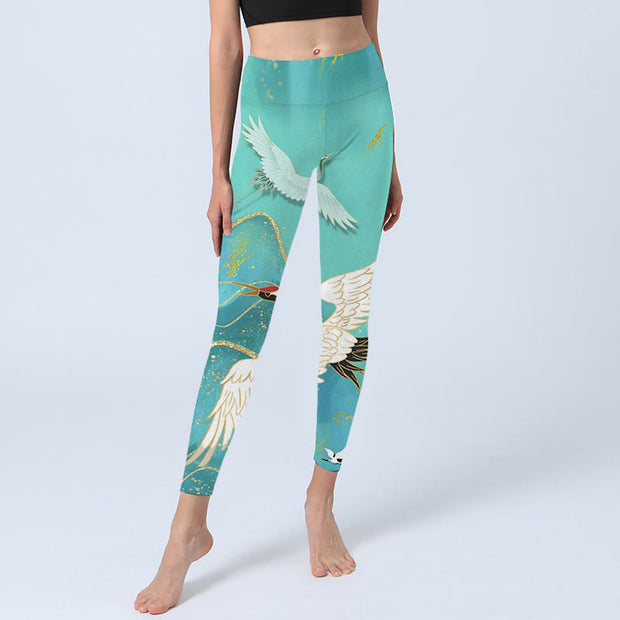 Buddha Stones Mint Green Mountain Crane Print Fitness Leggings Women's Yoga Pants