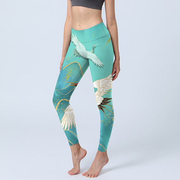 Buddha Stones Mint Green Mountain Crane Print Fitness Leggings Women's Yoga Pants