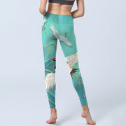 Buddha Stones Mint Green Mountain Crane Print Lycra Fabric Fitness Leggings Women's Yoga Pants Leggings BS 2