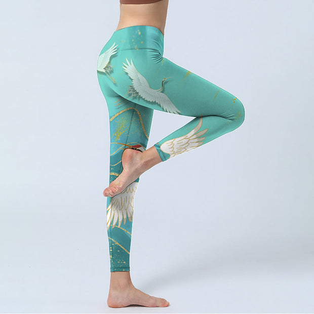 Buddha Stones Mint Green Mountain Crane Print Lycra Fabric Fitness Leggings Women's Yoga Pants Leggings BS 3