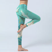 Buddha Stones Mint Green Mountain Crane Print Fitness Leggings Women's Yoga Pants