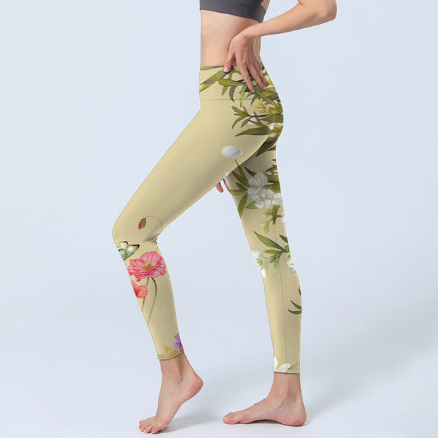 Buddha Stones Flowers Plants Butterfly Print Lycra Fabric Fitness Leggings Women's Yoga Pants Leggings BS 2