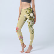 Buddha Stones Flowers Plants Butterfly Print Lycra Fabric Fitness Leggings Women's Yoga Pants Leggings BS Bisque 4XL(Fit for US16; UK/AU20; EU48)