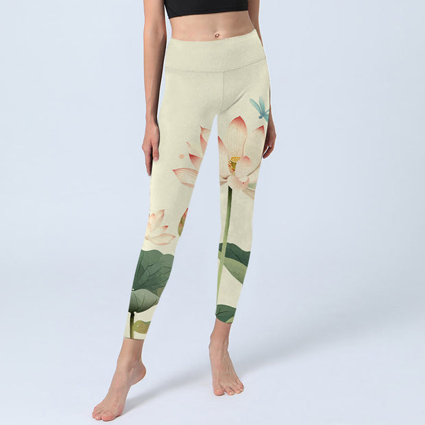 Buddha Stones Lotus Flower Leaf Dragonfly Print Lycra Fabric Fitness Leggings Women's Yoga Pants Leggings BS 2