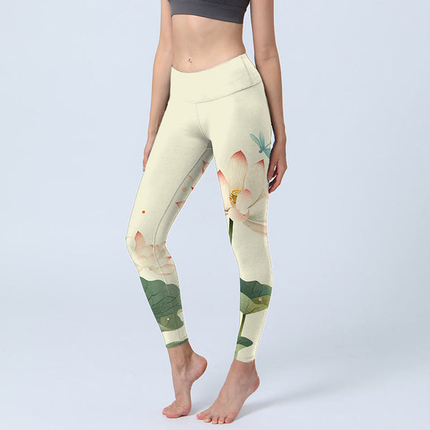 Buddha Stones Lotus Flower Leaf Dragonfly Print Lycra Fabric Fitness Leggings Women's Yoga Pants Leggings BS AntiqueWhite 4XL(Fit for US16; UK/AU20; EU48)