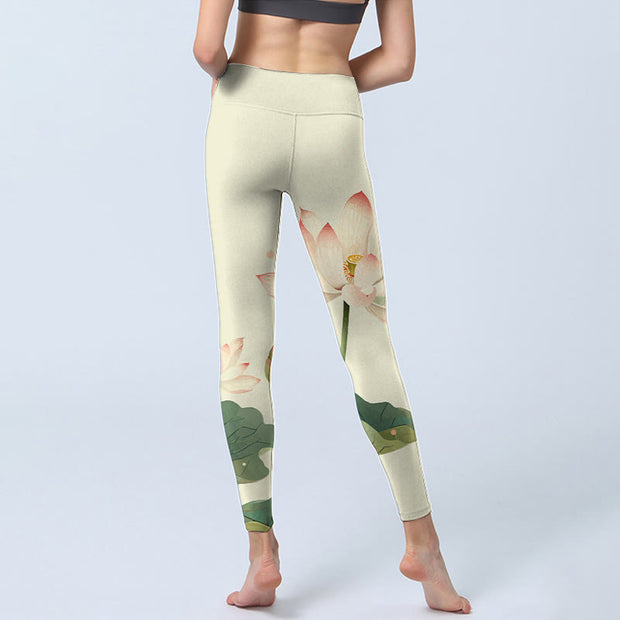 Buddha Stones Lotus Flower Leaf Dragonfly Print Fitness Leggings Women's Yoga Pants