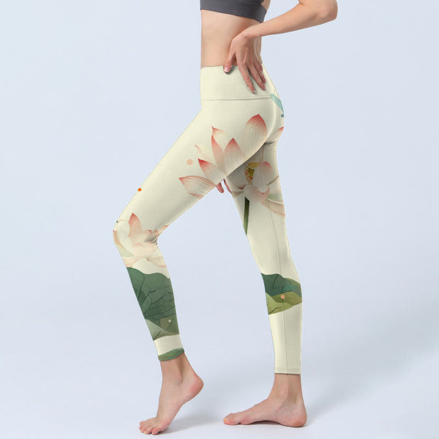 Buddha Stones Lotus Flower Leaf Dragonfly Print Fitness Leggings Women's Yoga Pants